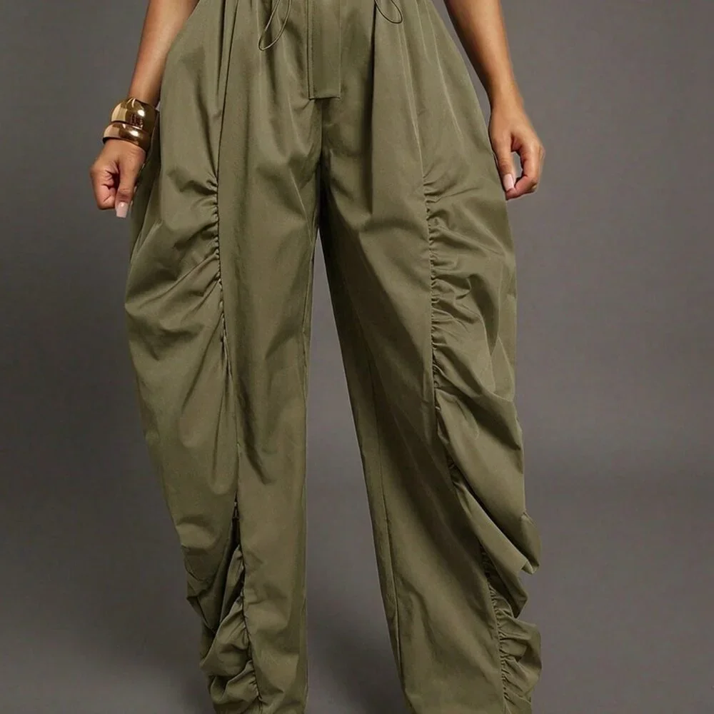 Green Casual Women's Ruched Wide Leg Drawcord Waist Utility Jumpsuit - Picture 4 of 5